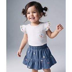 Babyhug Single Jersey Knit Half Frill Sleeves Floral Embroidered Top & Denim Skirt Set - White & Navy Blue