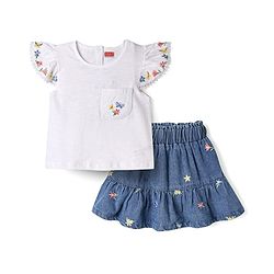 Babyhug Single Jersey Knit Half Frill Sleeves Floral Embroidered Top & Denim Skirt Set - White & Navy Blue