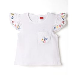 Babyhug Single Jersey Knit Half Frill Sleeves Floral Embroidered Top & Denim Skirt Set - White & Navy Blue