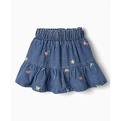 Babyhug Single Jersey Knit Half Frill Sleeves Floral Embroidered Top & Denim Skirt Set - White & Navy Blue