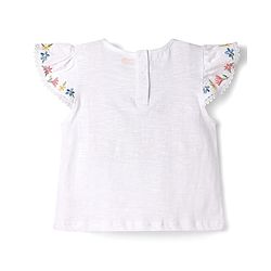 Babyhug Single Jersey Knit Half Frill Sleeves Floral Embroidered Top & Denim Skirt Set - White & Navy Blue