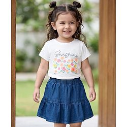 Babyhug Single Jersey Knit Half Sleeves Top & Denim Skirt Set with Floral Print - Blue & White