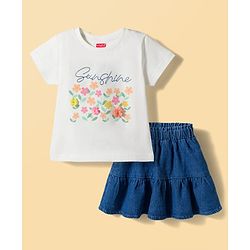 Babyhug Single Jersey Knit Half Sleeves Top & Denim Skirt Set with Floral Print - Blue & White