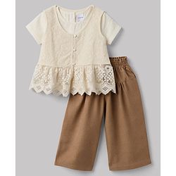 Babyhug Cotton Woven Half Sleeves Top & Pant Set With Jacket - Brown & White