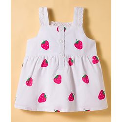 Babyhug Cotton Woven Sleeveless Top & Denim Shorts Set with Strawberry Print - White & Blue