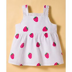 Babyhug Cotton Woven Sleeveless Top & Denim Shorts Set with Strawberry Print - White & Blue