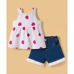 Babyhug Cotton Woven Sleeveless Top & Denim Shorts Set with Strawberry Print - White & Blue