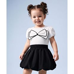 Babyhug Cotton Woven Half Sleeves Solid Top & Skirt With Bow Applique - White & Black