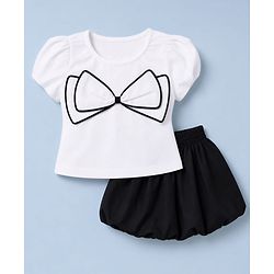 Babyhug Cotton Woven Half Sleeves Solid Top & Skirt With Bow Applique - White & Black