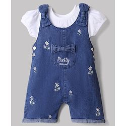 Babyhug Single Jersey Knit Denim Dungarees and Half Sleeves Tee with Floral Embroidery & Bow Applique in White
