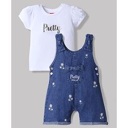 Babyhug Single Jersey Knit Denim Dungarees and Half Sleeves Tee with Floral Embroidery & Bow Applique in White