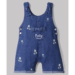 Babyhug Single Jersey Knit Denim Dungarees and Half Sleeves Tee with Floral Embroidery & Bow Applique in White