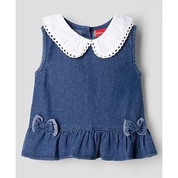 Babyhug Peter Pan Collar Sleeveless  Top & Pant Set with Schiffli Bow & Frill Detailing - Blue