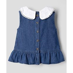Babyhug Peter Pan Collar Sleeveless  Top & Pant Set with Schiffli Bow & Frill Detailing - Blue
