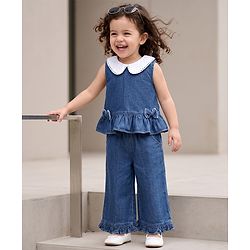 Babyhug Peter Pan Collar Sleeveless  Top & Pant Set with Schiffli Bow & Frill Detailing - Blue