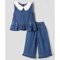 Babyhug Peter Pan Collar Sleeveless  Top & Pant Set with Schiffli Bow & Frill Detailing - Blue