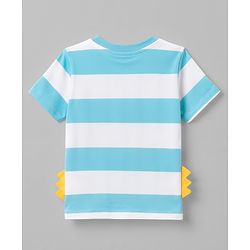 Babyhug 100% Cotton Knit Half Sleeves Striped T-Shirt with Dino Graphic Print & Applique- Light Blue