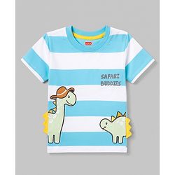 Babyhug 100% Cotton Knit Half Sleeves Striped T-Shirt with Dino Graphic Print & Applique- Light Blue