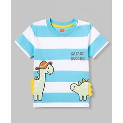 Babyhug 100% Cotton Knit Half Sleeves Striped T-Shirt with Dino Graphic Print & Applique- Light Blue