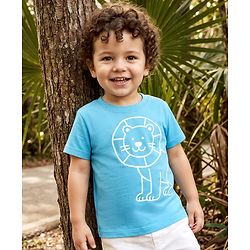 Babyhug Cotton Knit Half Sleeves T-Shirt with Lion Print - Light Blue