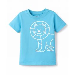 Babyhug Cotton Knit Half Sleeves T-Shirt with Lion Print - Light Blue