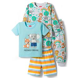 Babyhug 100% Cotton Knit Full Sleeves Animal Printed Pyjama & Half Sleeves Striped Shorts Night Suit Pack Of 2 - Multicolour