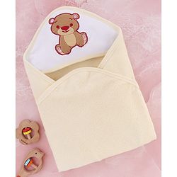 Babyhug Cotton Double Ply Hooded Knit Terry Towel With Teddy Bear Embroidery L 74 x B 60 cm - Yellow