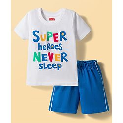 Babyhug Cotton Knit Half Sleeves T-Shirts & Shorts Night Suit with Text Print- White