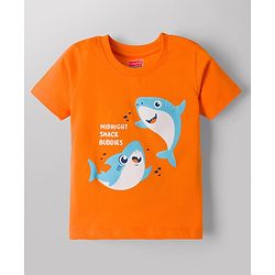 Babyhug Cotton Knit Half Sleeves T-Shirt & Shorts Night Suit With Shark Print - Orange
