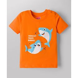 Babyhug Cotton Knit Half Sleeves T-Shirt & Shorts Night Suit With Shark Print - Orange