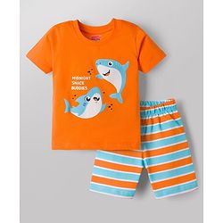 Babyhug Cotton Knit Half Sleeves T-Shirt & Shorts Night Suit With Shark Print - Orange