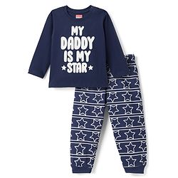 Babyhug Cotton Knit Full Sleeves Text & Star Printed T-Shirts & Joggers Night Suit - Navy Blue