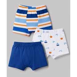 Babyhug 100% Cotton Single Jersey Knit Striped & Boat Printed Trunks Pack of 3 -Navy & White