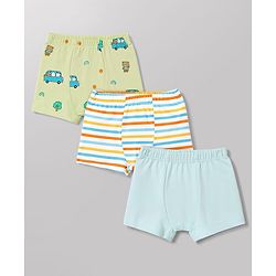 Babyhug 100% Cotton Single Jersey Knit Striped & Car Printed Trunks Pack of 3 -Aqua & White