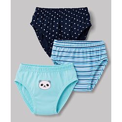 Babyhug 100% Cotton Knit Star Panda Printed & Striped Briefs Pack Of 3 - Light & Navy Blue
