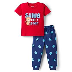 Babyhug Cotton Knit Half Sleeves Animal & Star Printed T-Shirt & Pyjama Night Suit - Red