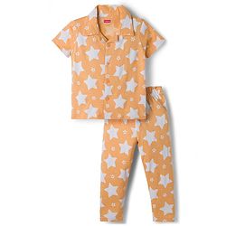 Babyhug Cotton Knit Half Sleeves Shirt & Pyjama Co-ord Night Suit With Star Print - Orange