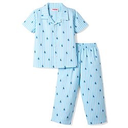 Babyhug Cotton Woven Half Sleeves Shirt & Pyjama Co-ord Night Suit with Boat Print - Blue
