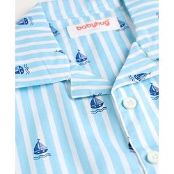 Babyhug Cotton Woven Half Sleeves Shirt & Pyjama Co-ord Night Suit with Boat Print - Blue