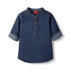 Babyhug Cotton Woven Washed Shirt Full Sleeves Mandarin Collar Blue 0-3 Months