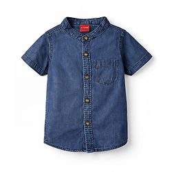 Babyhug Cotton Woven Washed Shirt Half Sleeves Mandarin Collar Blue 0-3 Months