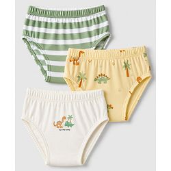 Babyhug 100% Cotton Single Jersey Knit Striped Briefs With Dino Printed Pack of 3 - Olive & Cream & Yellow