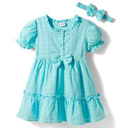 Babyhug Cotton Woven Half Puffed Sleeves Solid Colour Tiered Frock with Headband & Bow Applique - Light Blue
