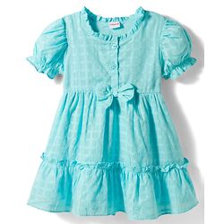 Babyhug Cotton Woven Half Puffed Sleeves Solid Colour Tiered Frock with Headband & Bow Applique - Light Blue