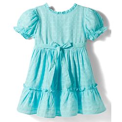 Babyhug Cotton Woven Half Puffed Sleeves Solid Colour Tiered Frock with Headband & Bow Applique - Light Blue