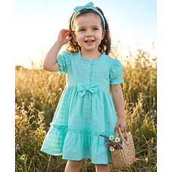 Babyhug Cotton Woven Half Puffed Sleeves Solid Colour Tiered Frock with Headband & Bow Applique - Light Blue