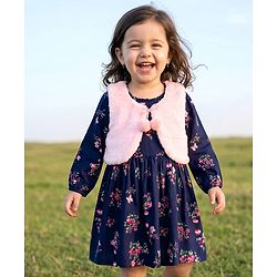 Babyhug Twill Woven Full Sleeves Floral Printed Frock with Jacket - Navy Blue