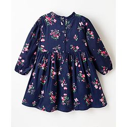Babyhug Twill Woven Full Sleeves Floral Printed Frock with Jacket - Navy Blue