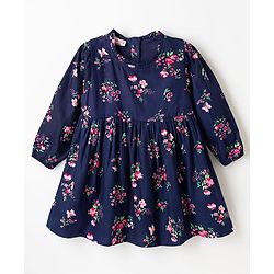 Babyhug Twill Woven Full Sleeves Floral Printed Frock with Jacket - Navy Blue