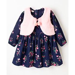 Babyhug Twill Woven Full Sleeves Floral Printed Frock with Jacket - Navy Blue